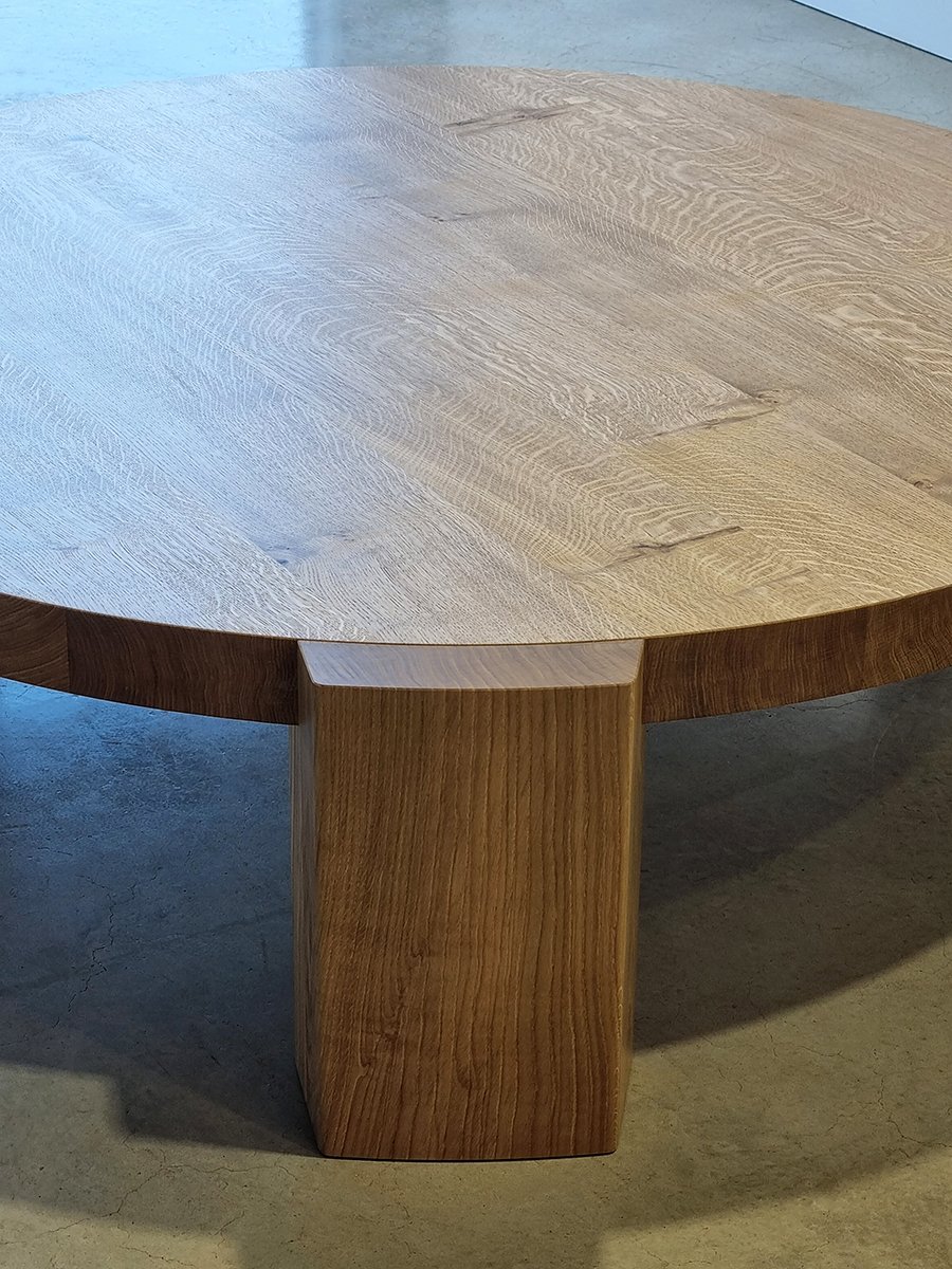 Close-up of the Quindi Coffee Table's French Oak tabletop grain and edge - handcrafted bespoke furniture, Nathan Day Design