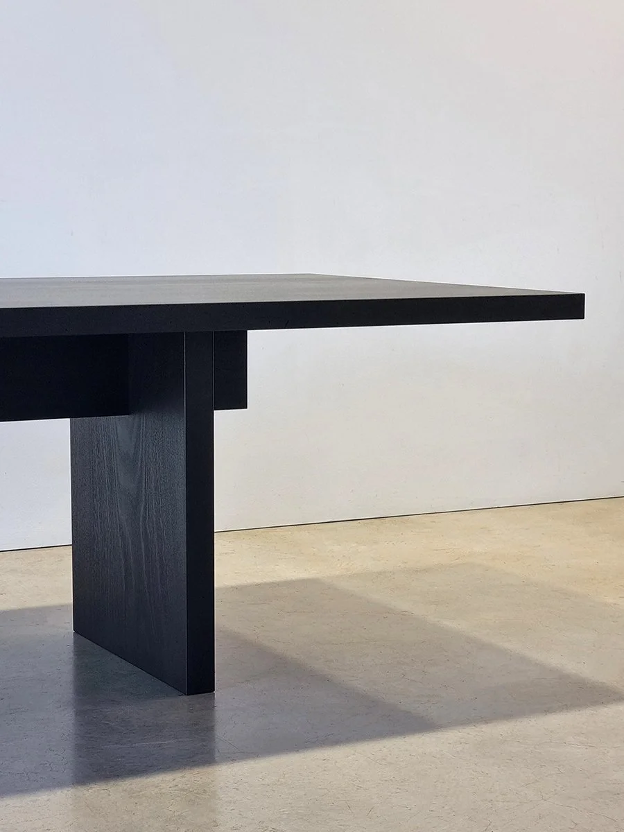 Como Table section end-on view showing the flat slab leg and ancient Jarrah top - Nathan Day Design