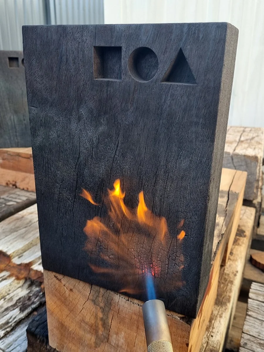 DIA Awards Trophies in scorched Jarrah - Nathan Day Design, workshop shou sugi ban torching process with blow torch flame