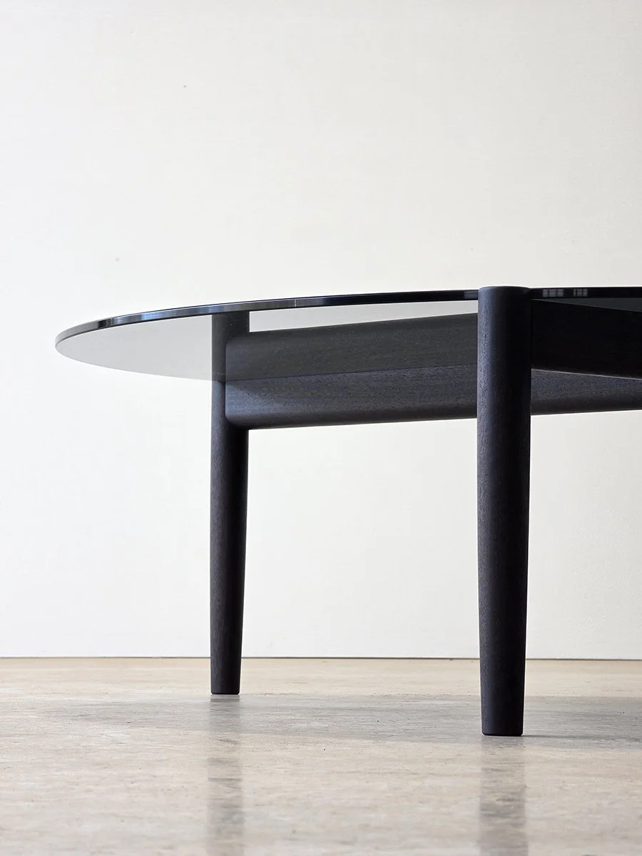 3.2.1 Coffee Table in ebonised Jarrah, low side view showing the three-leg rail construction - Nathan Day Design