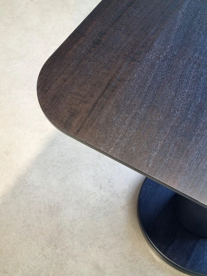 Majestic Cellar Table in ebonised Jarrah, close-up angled detail of tabletop edge and grain - Nathan Day Design