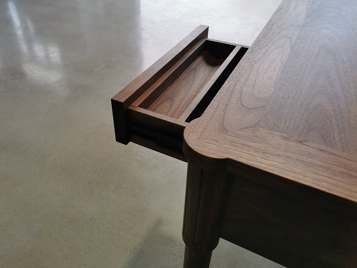 Ventnor Ave Desk in American Walnut, close-up of open drawer detail - Nathan Day Design