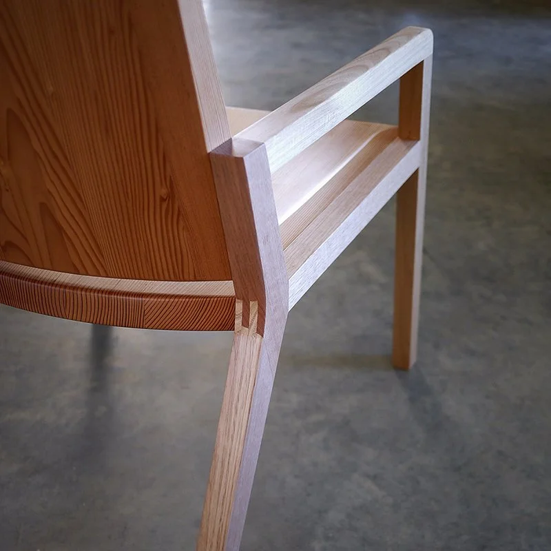 St John Midland Liturgical Furniture in salvaged Oregon Pine - Nathan Day Design, close-up of companion chair back and armrest joinery
