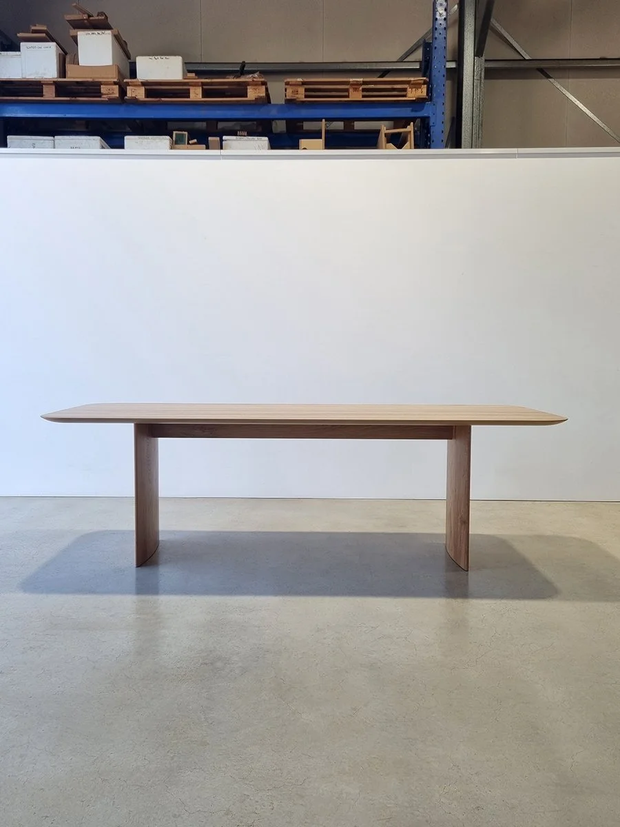Southern Ocean Table in American Oak, minimalist slab-leg design in the Nathan Day Design workshop