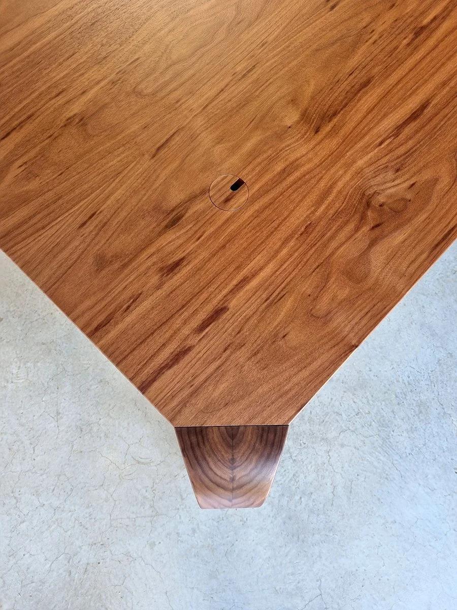 Araluen Desk in American and French Oak, overhead corner view of tapered leg underside - Nathan Day Design