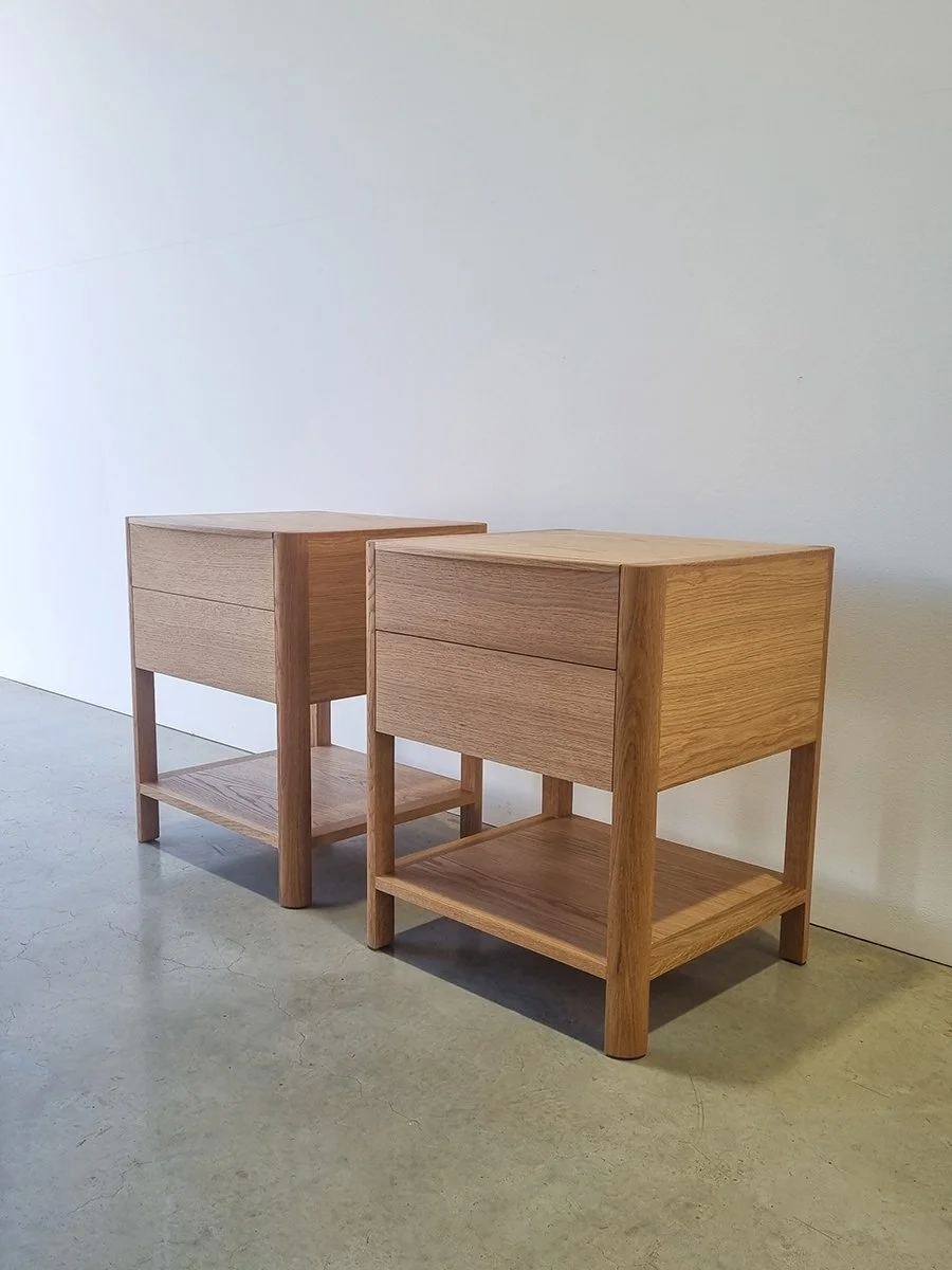 Hampden Twin Drawer Bedside in Walnut - Nathan Day Design, front and side angle views of single table