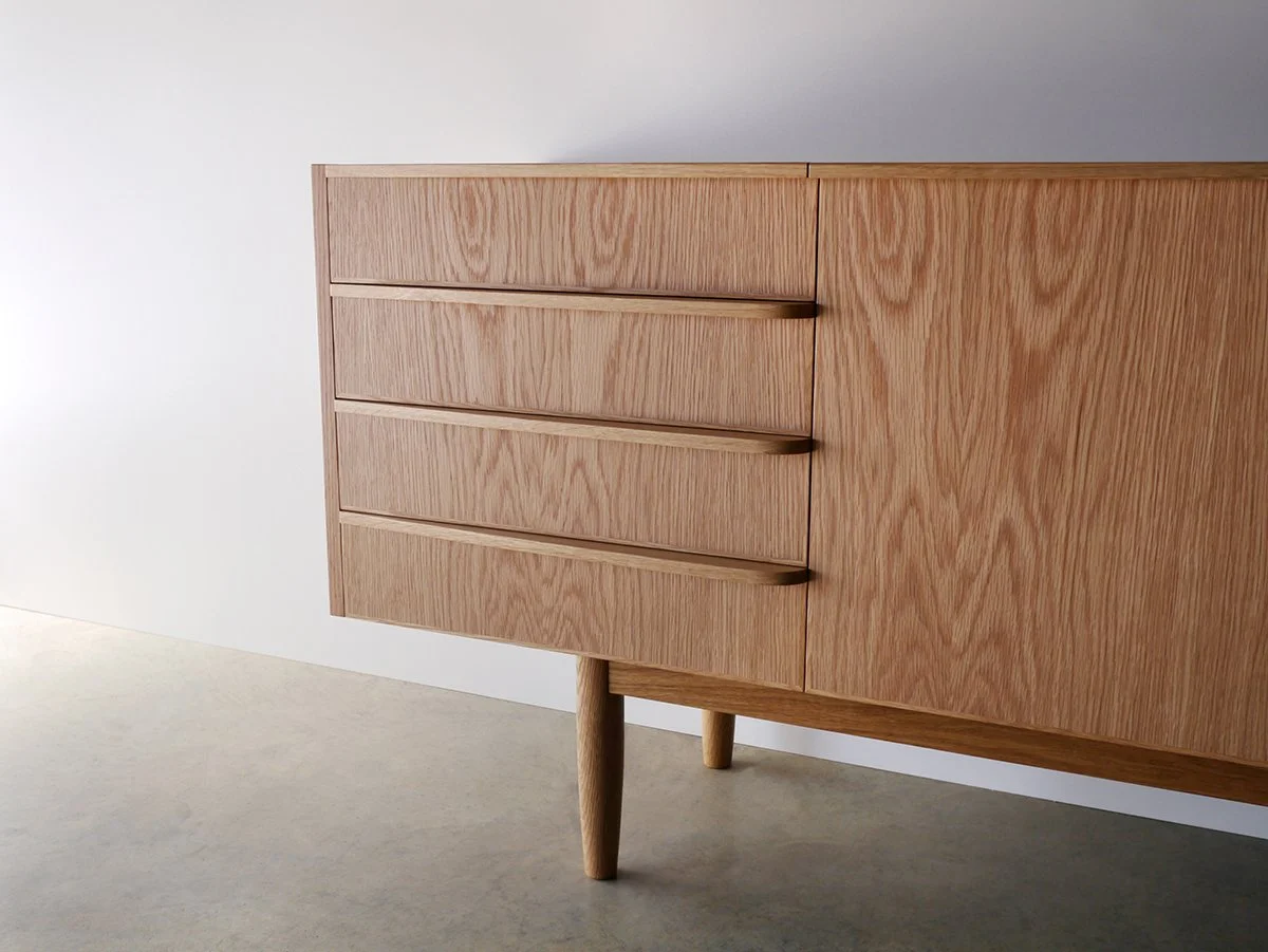 Wembley House Credenza in American Oak, close-up straight-on detail of drawer fronts - Nathan Day Design bespoke furniture