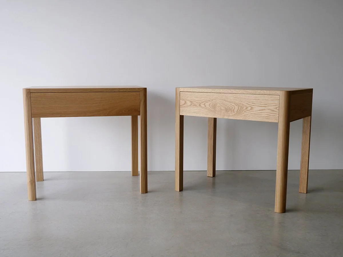 Hampden Bedside Table in Oak - Nathan Day Design, two finish variants side by side in studio