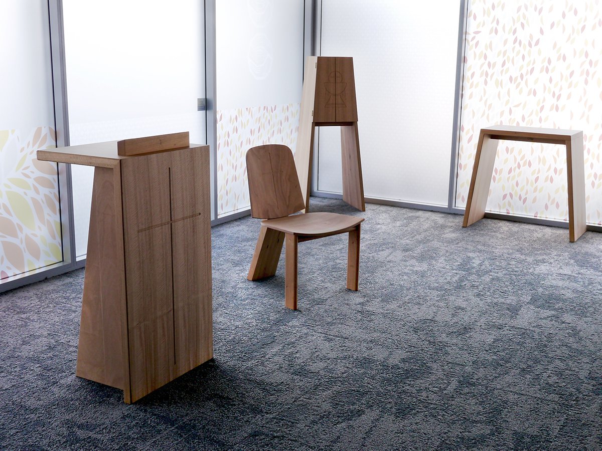 Vinnies WA liturgical furniture set in Walnut - Nathan Day Design, lectern, chair, and credence table grouped together