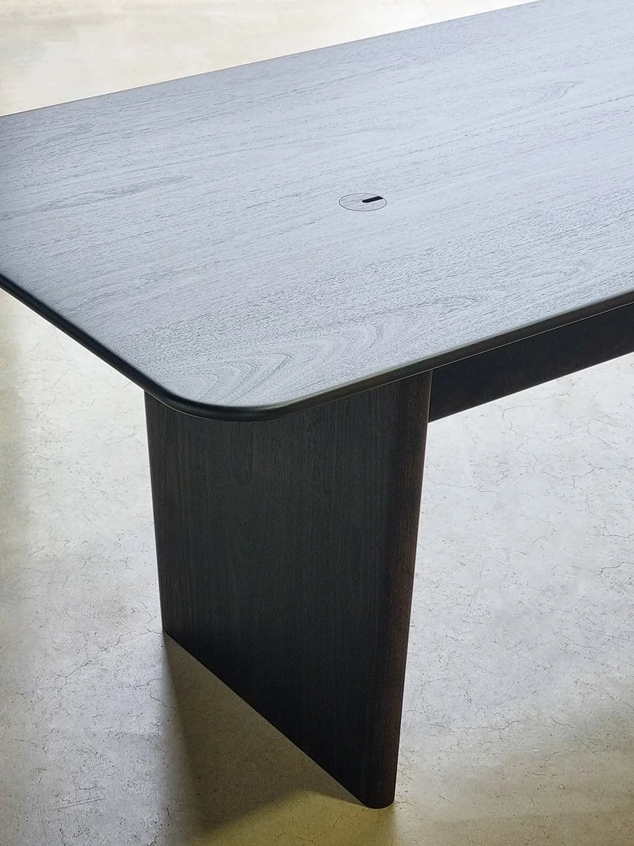 Morey Desk in ebonised Jarrah, overhead corner view showing integrated cable grommet - Nathan Day Design