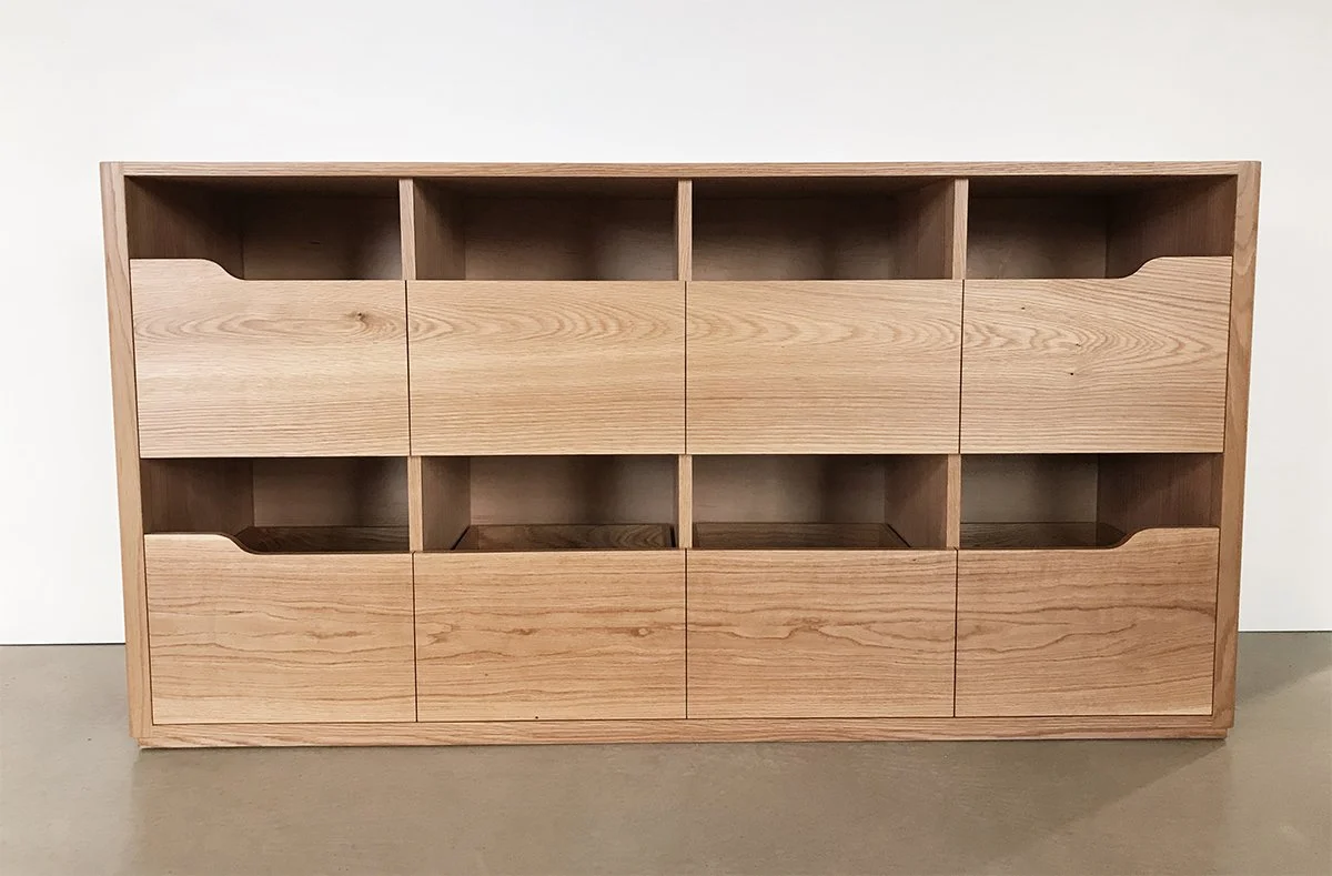 Angwin Record Cabinet in American Oak, open cubby and drawer storage design, full front view - Nathan Day Design