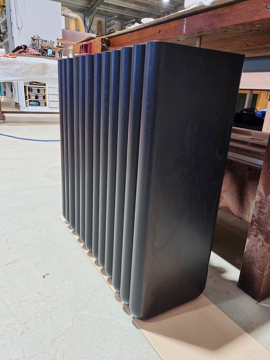 Walters Lobby Console in ebonised Walnut, workshop shot of fin legs in production - Nathan Day Design