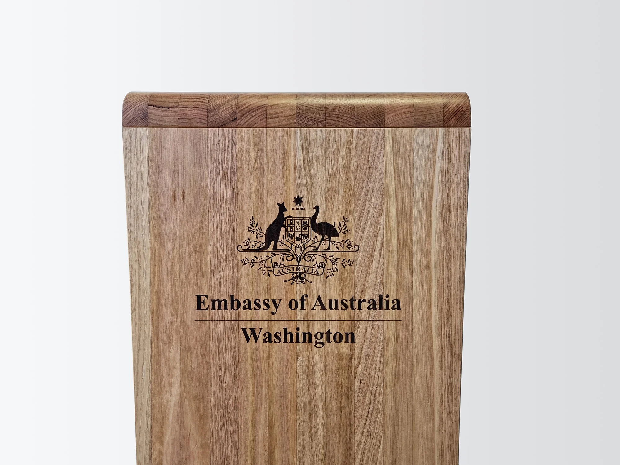 Australian Embassy Lecterns in Tasmanian Oak - Nathan Day Design, close-up of crest engraving and grain detail on lectern face