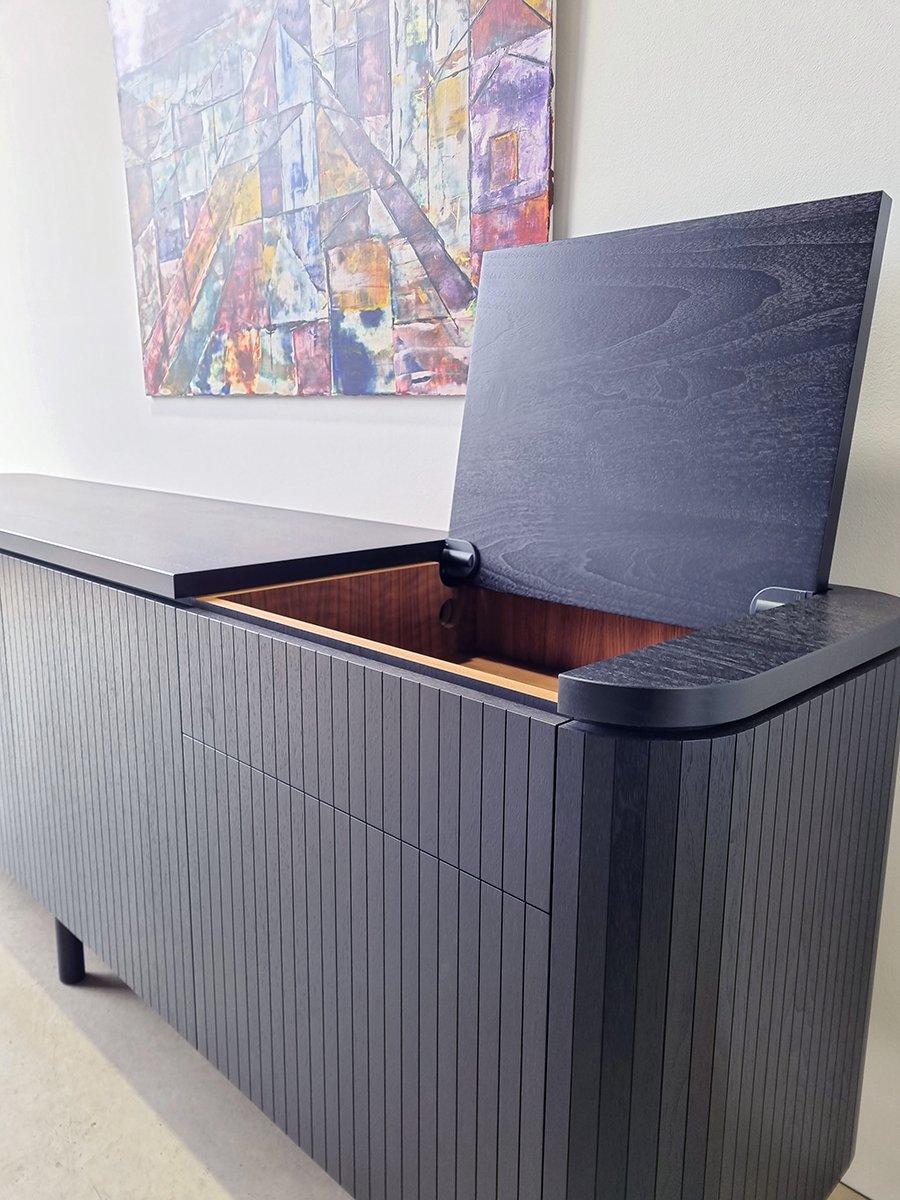 Freeman Loop Credenza, close-up detail of hinged lid open showing internal storage - Nathan Day Design bespoke furniture