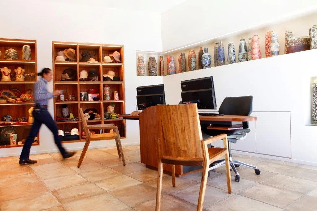 Longitude 131 custom furniture in Tasmanian Blackwood - Nathan Day Design, custom office desk and chairs with curio display shelving