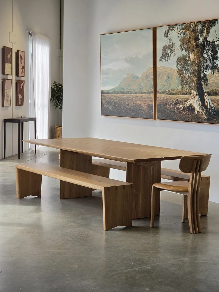 Dovetail Bench in American Oak with exposed dovetail joinery, Nathan Day Design - with matching dining table setting
