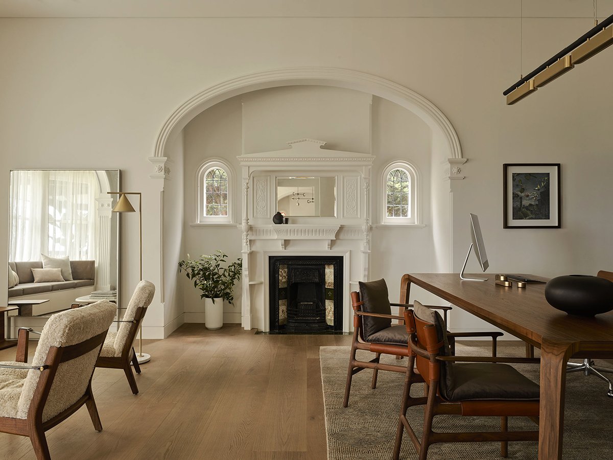 Araluen Desk in American and French Oak, lifestyle setting in elegant arched living room - Nathan Day Design