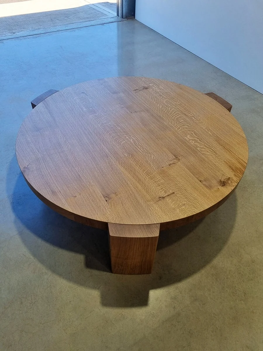 Quindi Coffee Table in French Oak, overhead angled view - bespoke furniture handcrafted by Nathan Day Design, Quindalup Western Australia