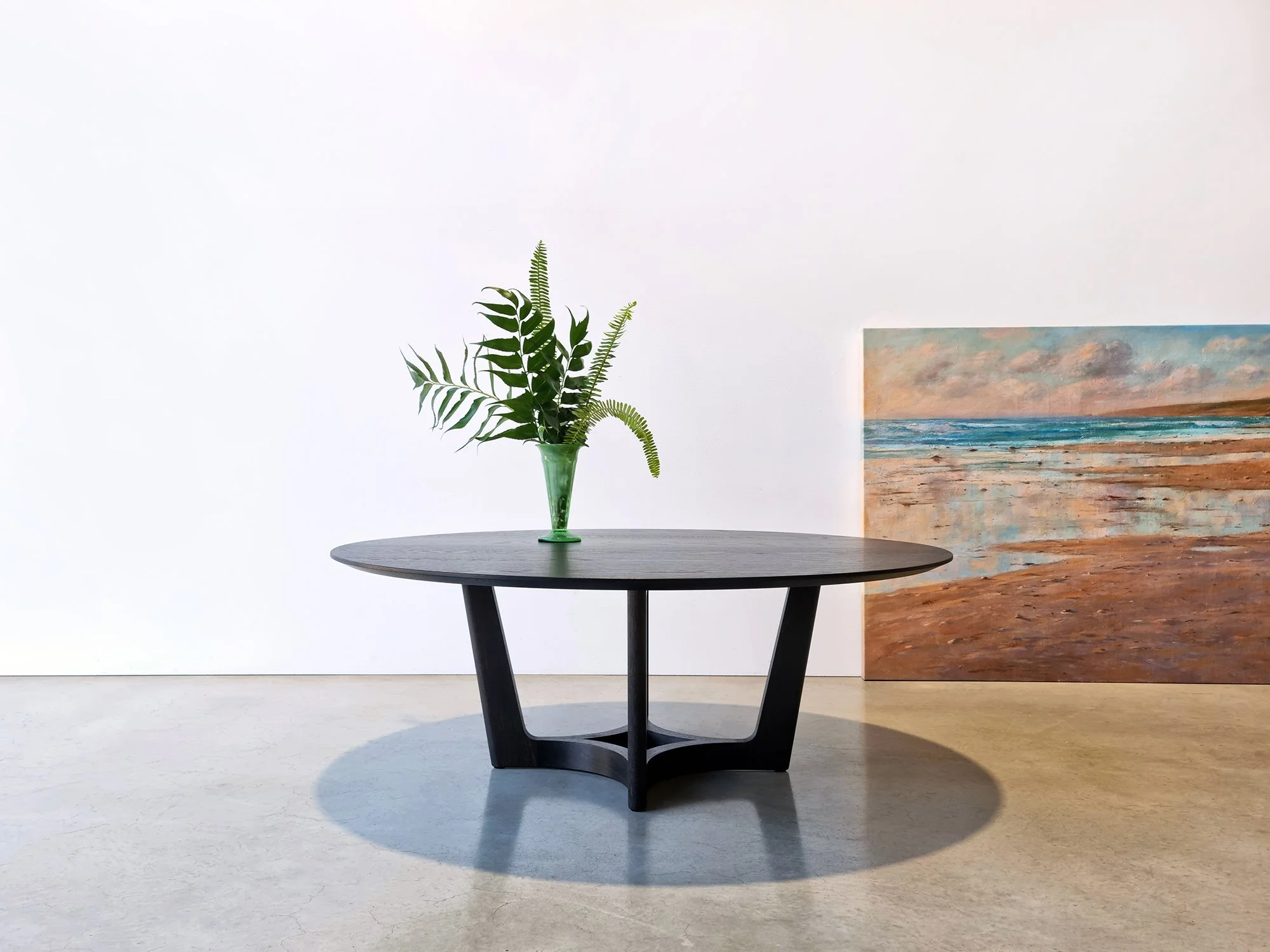 Froxfield Coffee Table styled with greenery on a patterned rug - bespoke furniture by Nathan Day Design, Dunsborough WA