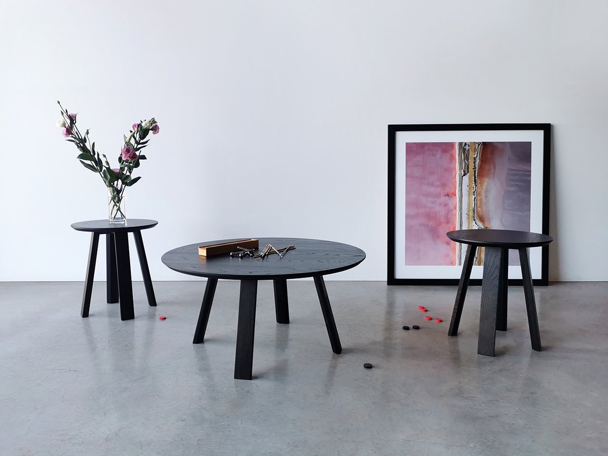 The Wonton collection in ebonised Oak, coffee table and matching side tables styled together - Nathan Day Design
