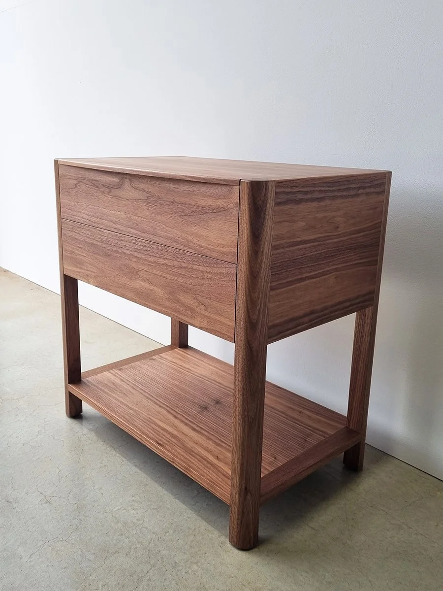 Hampden Twin Drawer Bedside in Walnut - Nathan Day Design, side profile view showing full silhouette