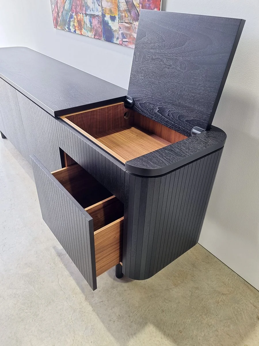 Freeman Loop Credenza, close-up detail of open drawer showing natural Walnut interior - Nathan Day Design bespoke furniture
