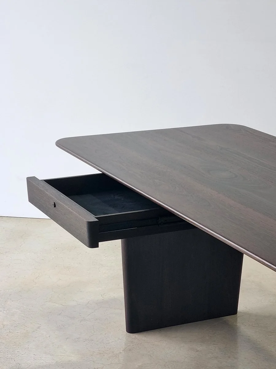 Morey Desk in ebonised Jarrah, hidden side drawer shown open - Nathan Day Design