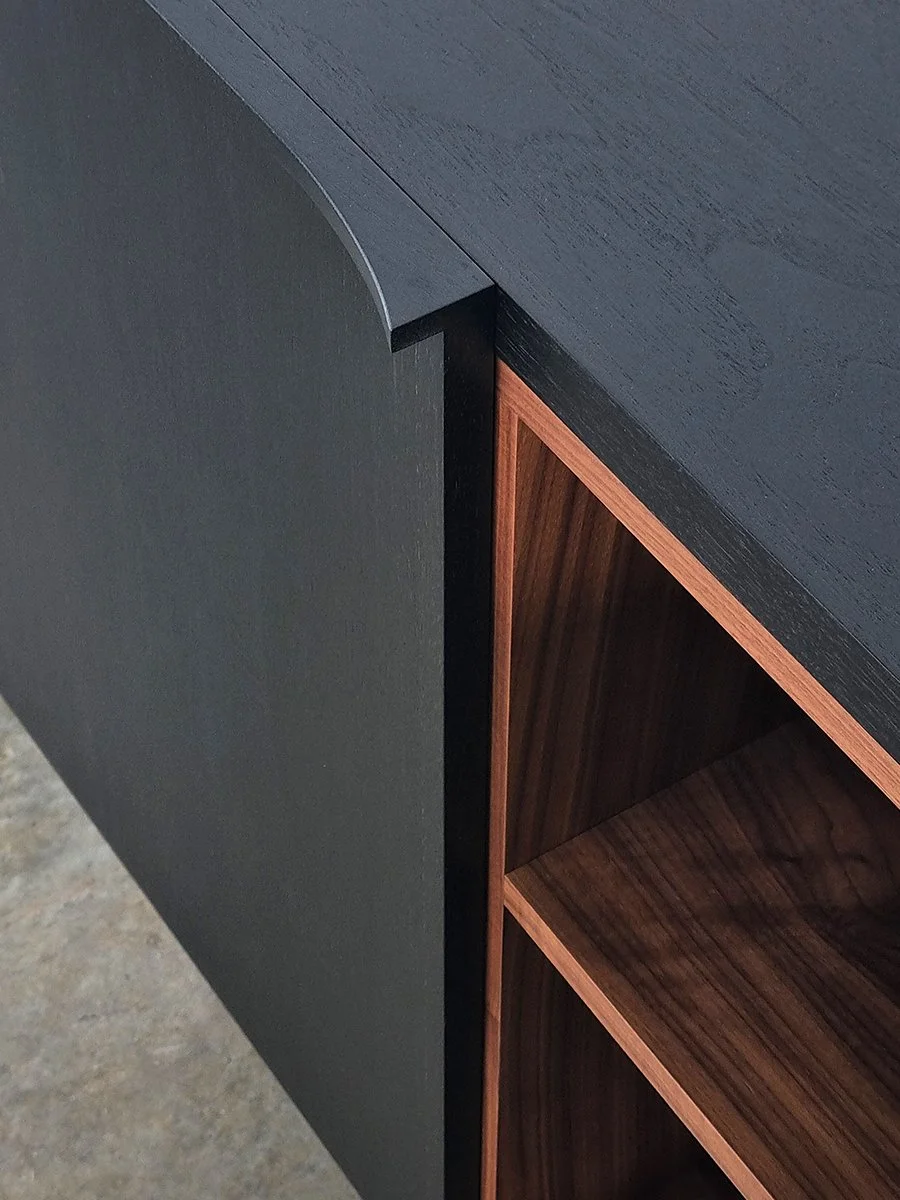 Honeycombs Cabinet, close-up of open cabinet interior showing natural Walnut shelving - Nathan Day Design bespoke furniture