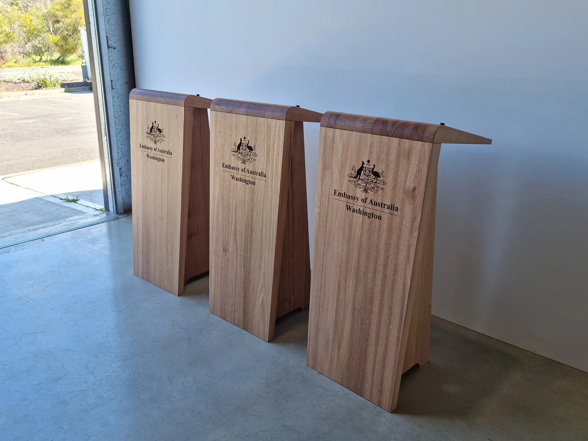 Australian Embassy Lecterns in Tasmanian Oak - Nathan Day Design, three lecterns arranged on-site at Embassy building