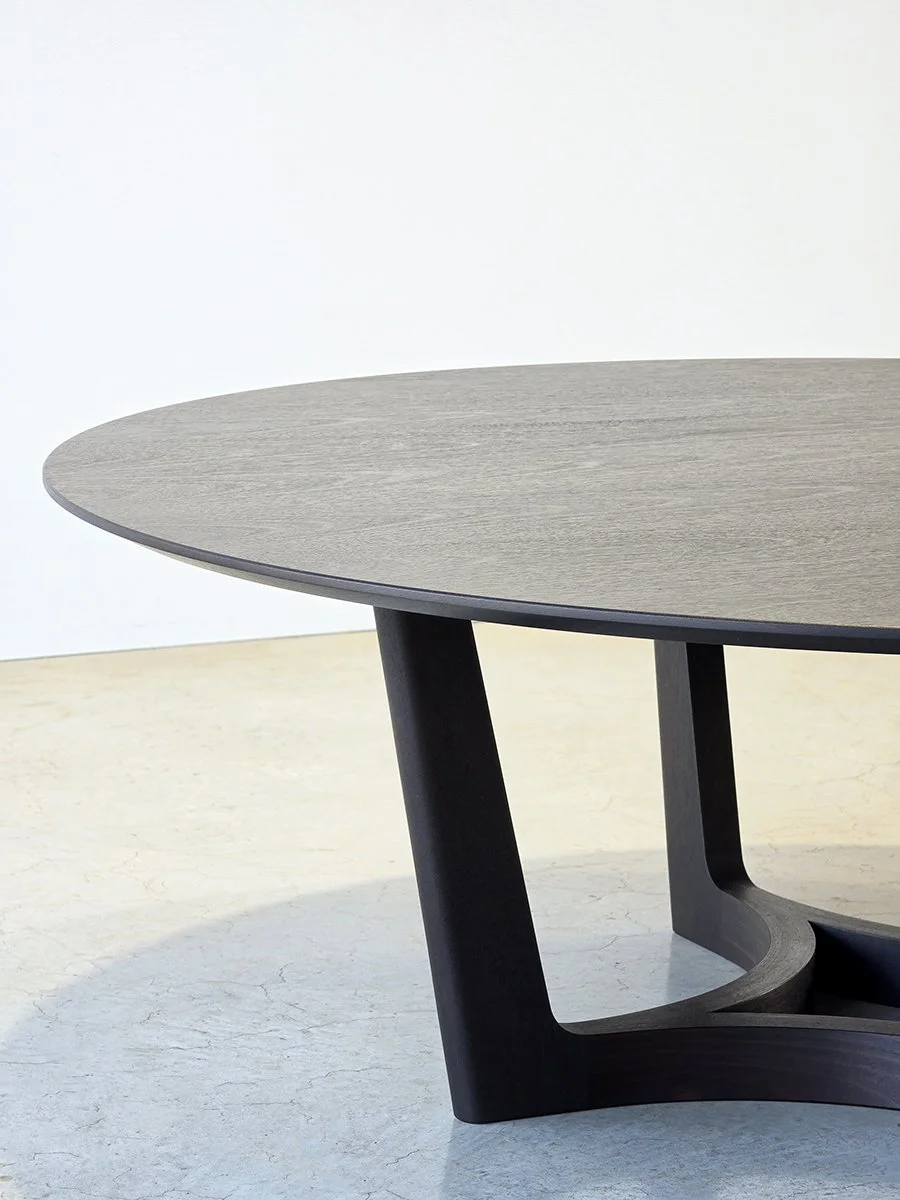 Froxfield Coffee Table overhead view showing the circular tabletop and dynamic leg base - bespoke furniture by Nathan Day Design