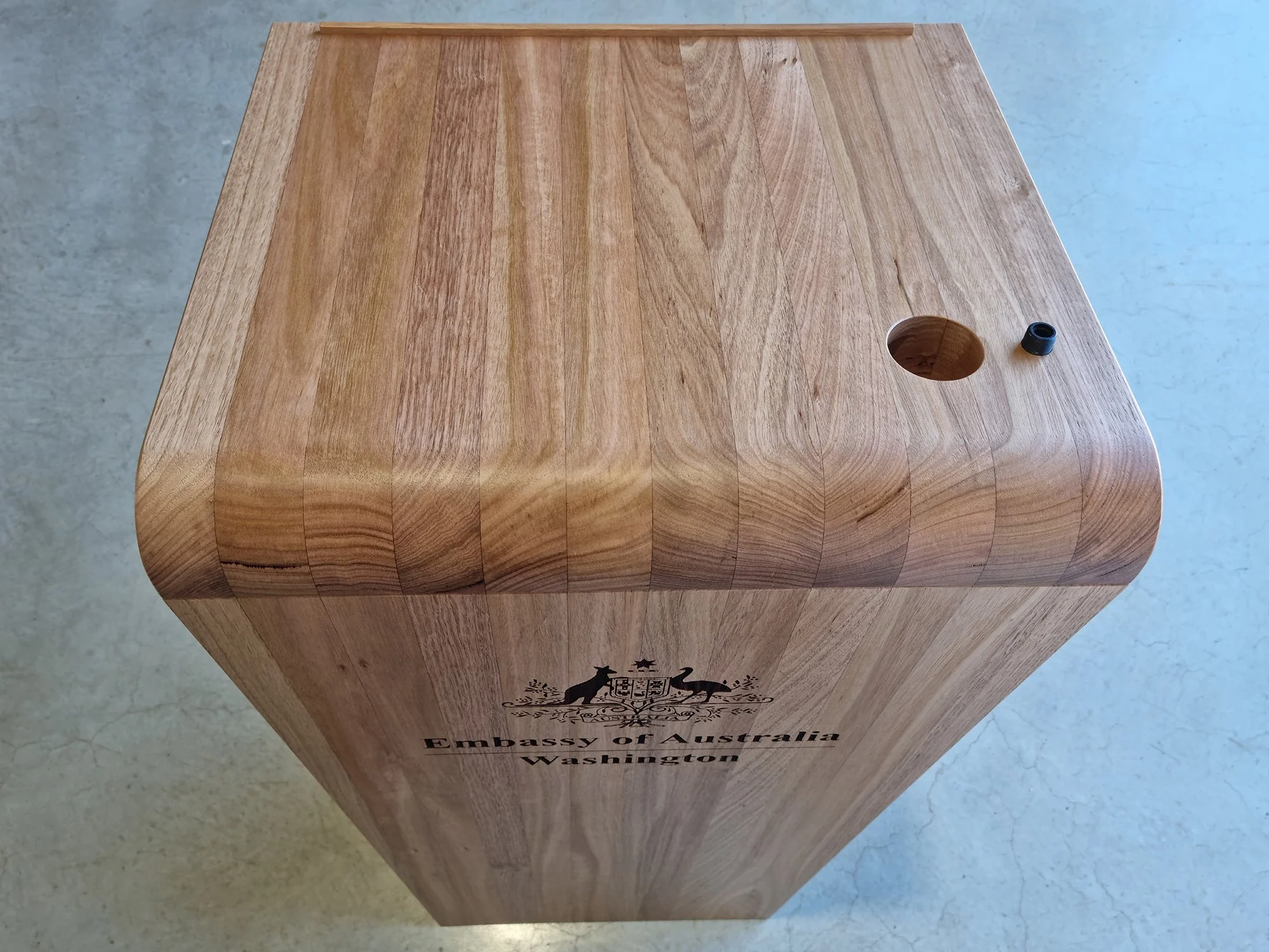 Australian Embassy Lecterns in Tasmanian Oak - Nathan Day Design, overhead view of engraved timber presentation box top