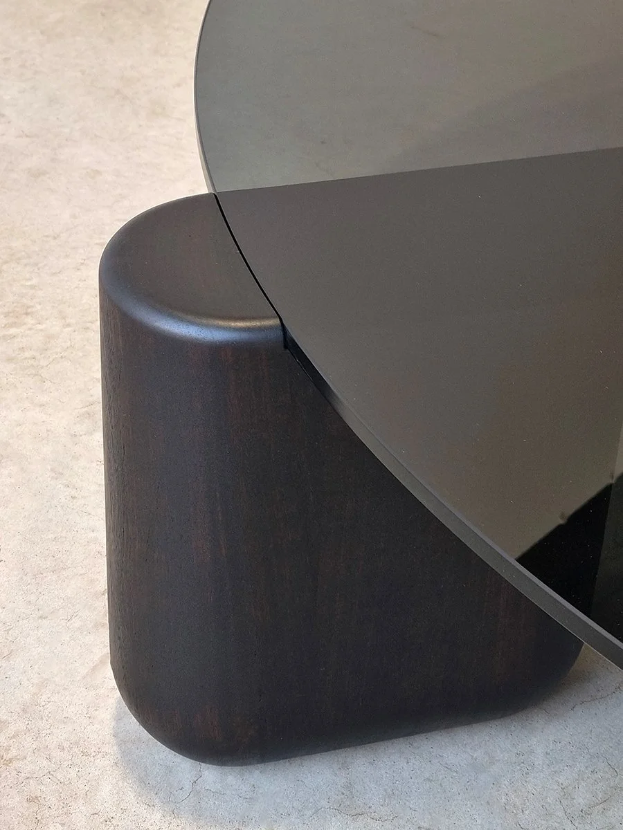 Close-up of the Hippo Coffee Table's sculptural ebonised jarrah leg - handcrafted bespoke furniture, Nathan Day Design