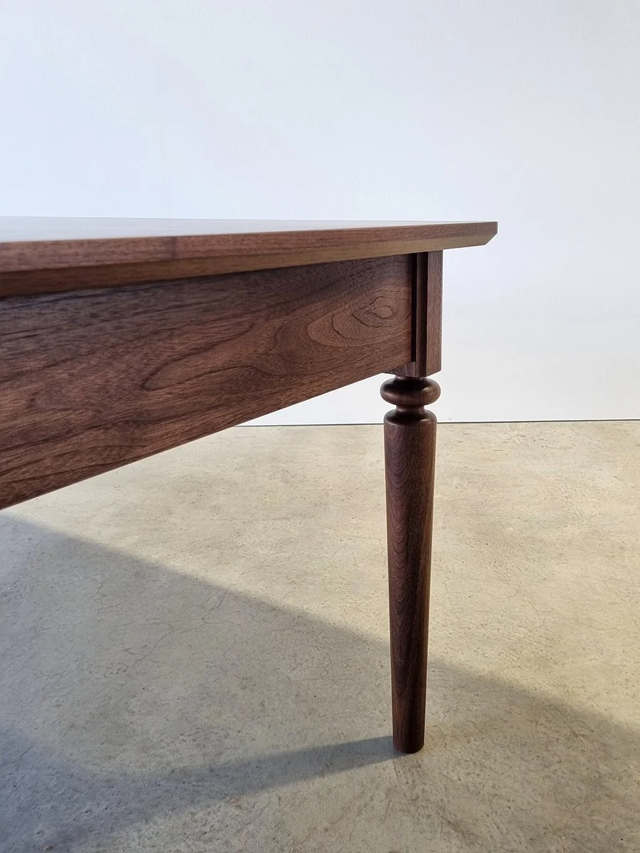 Boundary Lane Desk in American Walnut, close-up of turned leg and apron joinery - Nathan Day Design