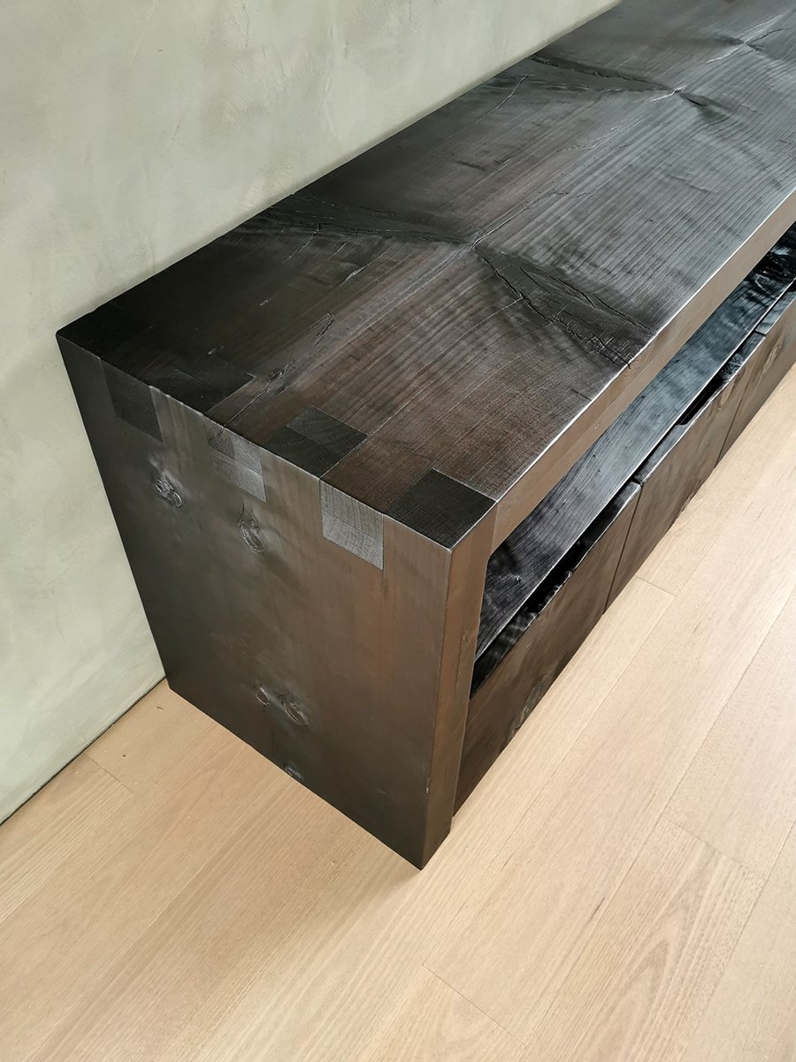 Scorched Buffet in scorched Norfolk Island Pine, close-up top corner detail showing charred grain texture - Nathan Day Design