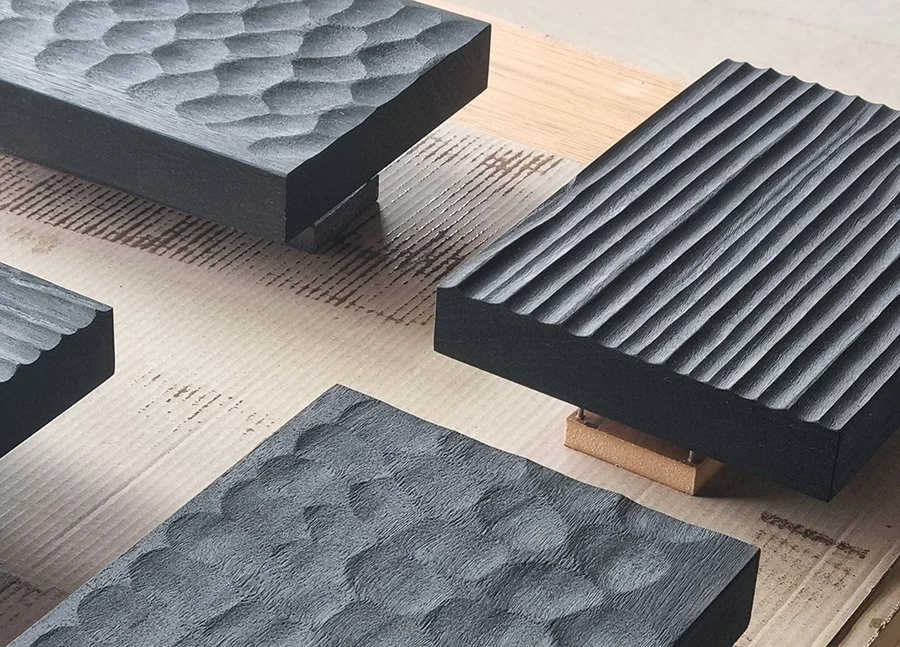 Black timber finish and texture samples used to demonstrate material options for a bespoke Nathan Day Design piece