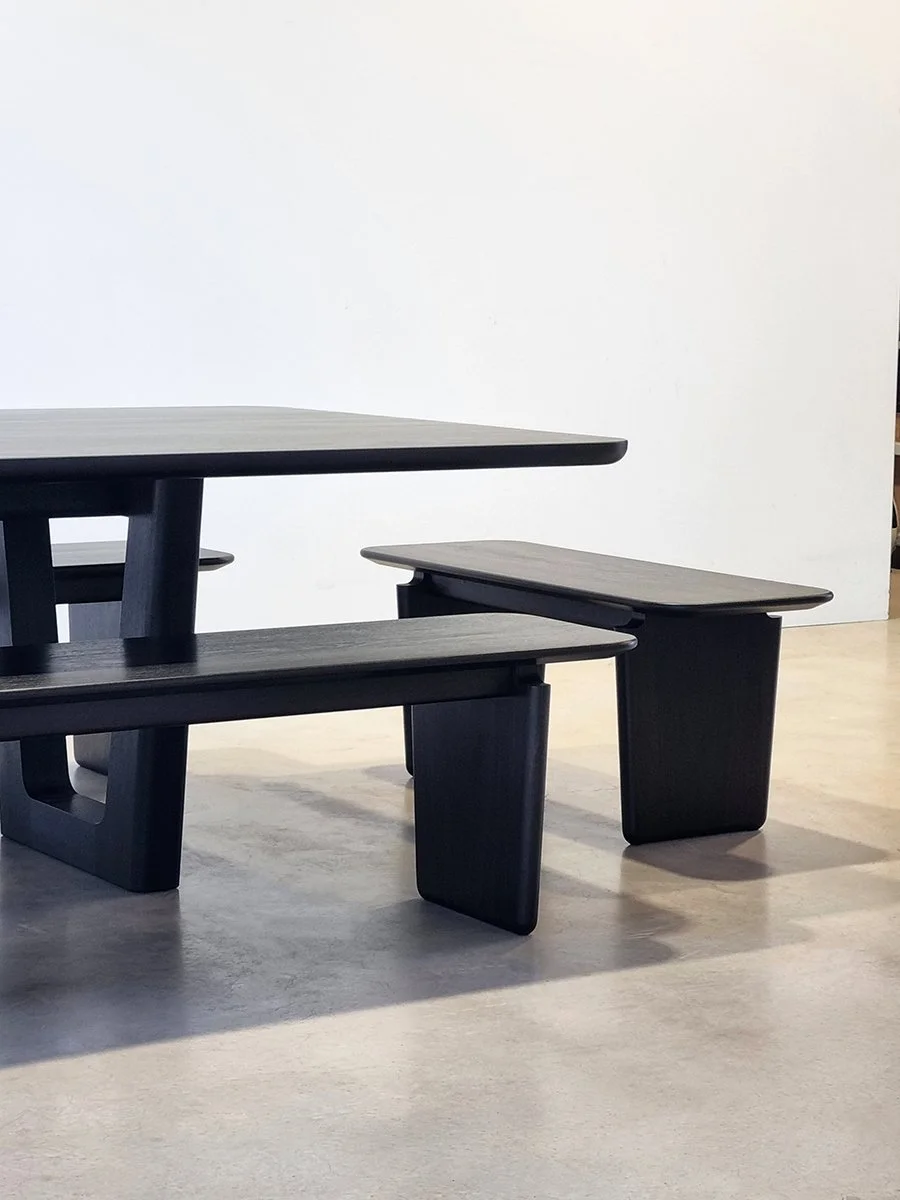 Clairault Outdoor Table in ebonised Jarrah - Nathan Day Design, studio front view of table and bench