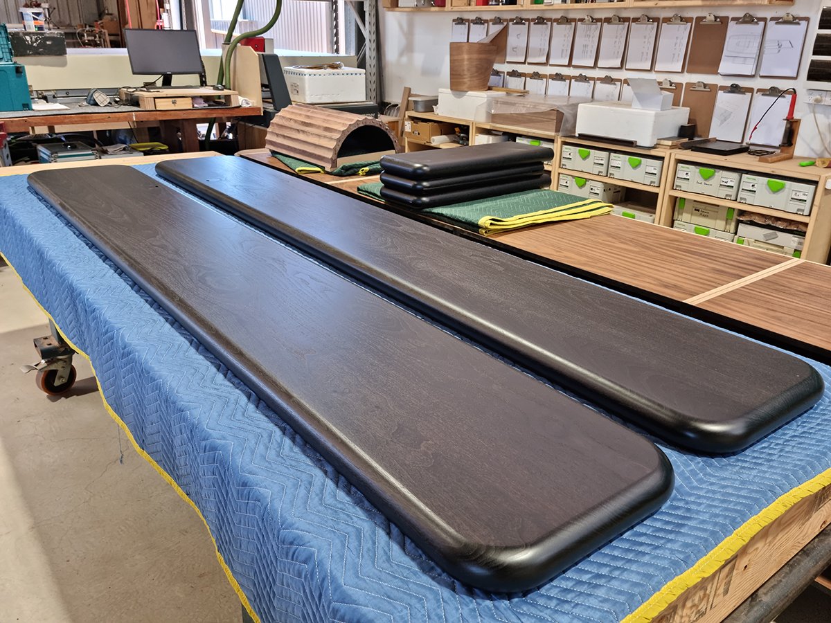 Walters Lobby Console in ebonised Walnut, two console tabletops in workshop production - Nathan Day Design