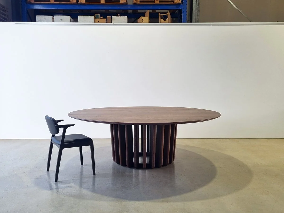 Lantern Table in Walnut, round top with radiating vertical timber fin base - bespoke furniture by Nathan Day Design