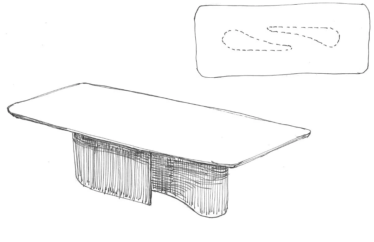 Hand-drawn concept sketch of a bespoke fluted-base dining table by Nathan Day Design