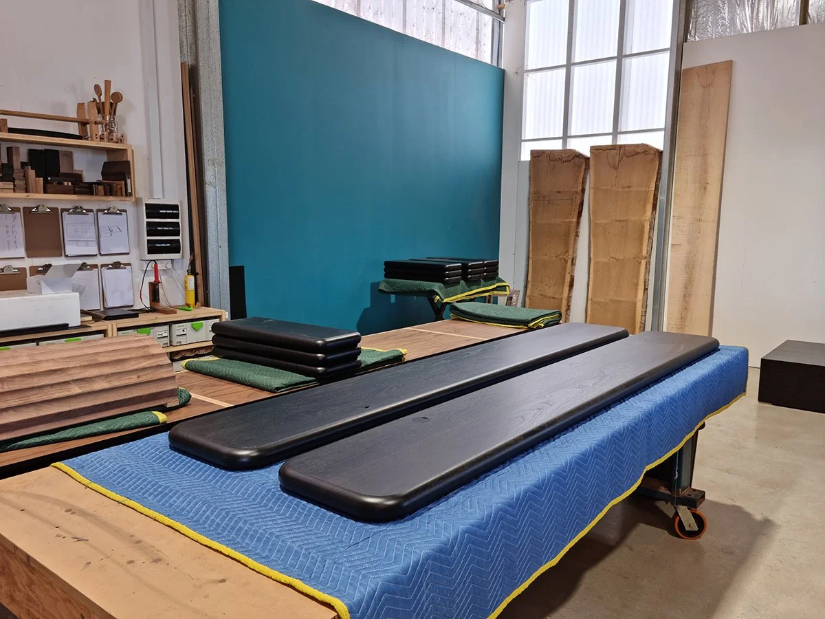 Walters Lobby Console in ebonised Walnut, console tops packed for transport in workshop - Nathan Day Design