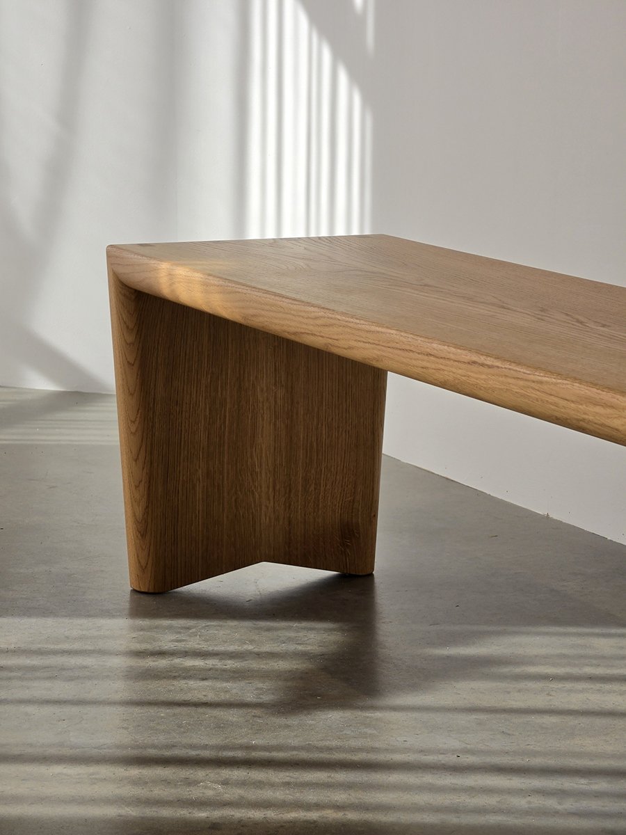 Dovetail Bench in American Oak with exposed dovetail joinery, Nathan Day Design - front angle view