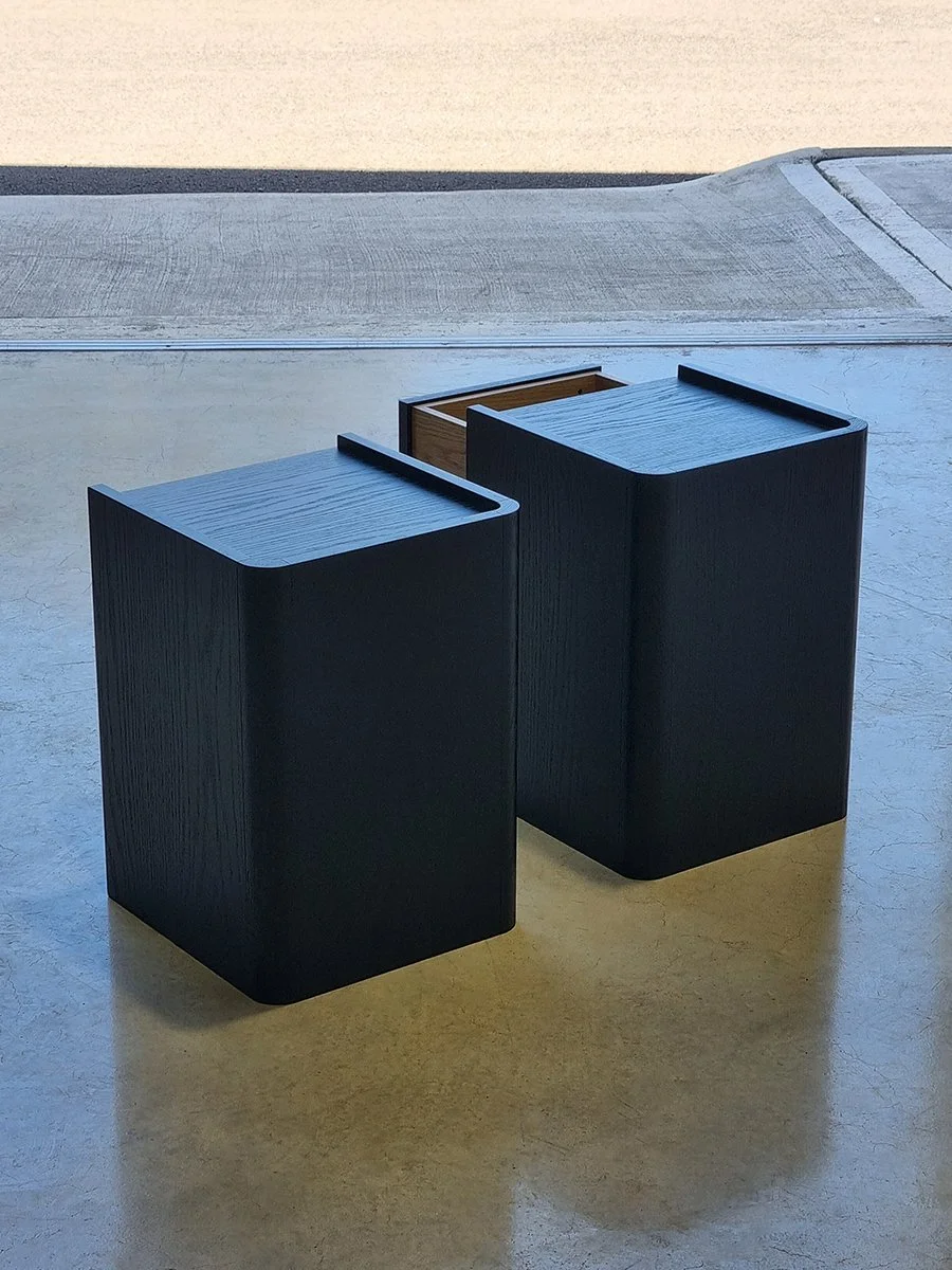 Majestic Close Bedside Table in ebonised Oak - Nathan Day Design, pair of tables outdoors in warm natural light