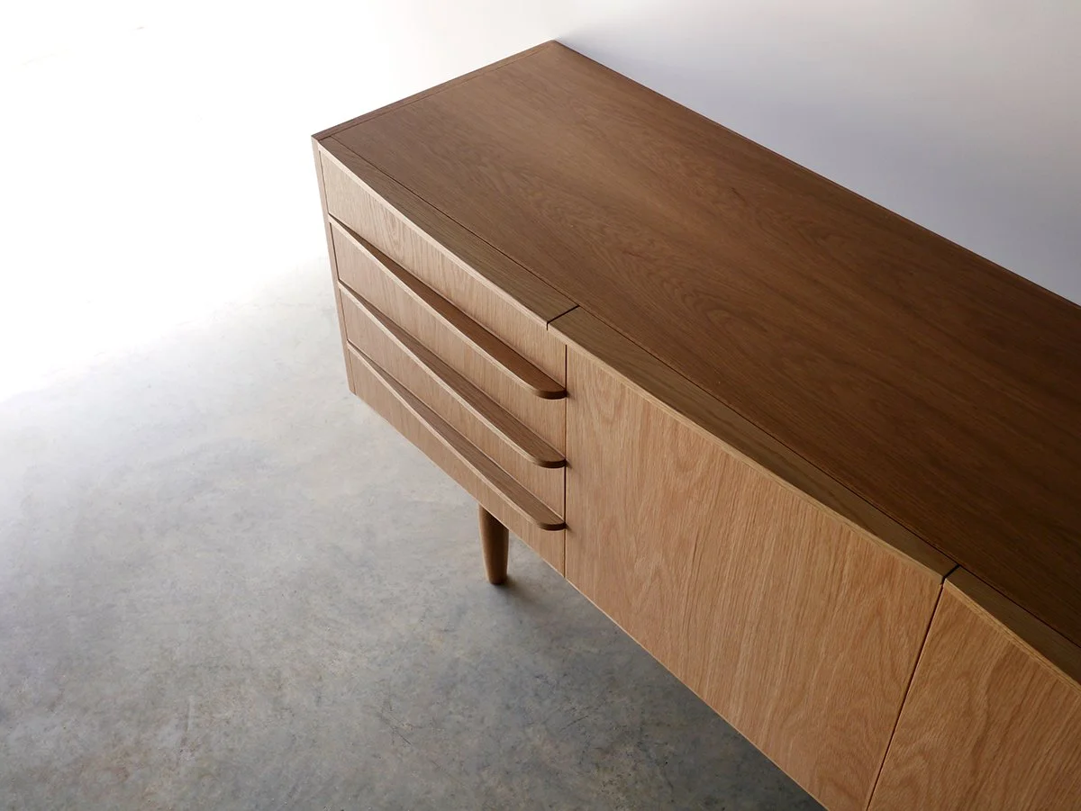 Wembley House Credenza in American Oak, close-up angled detail of drawer fronts - Nathan Day Design bespoke furniture