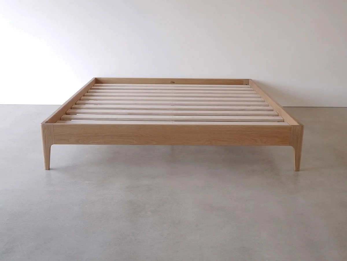Quindalup Bed in American Oak - Nathan Day Design, empty bed frame in studio showing slatted base