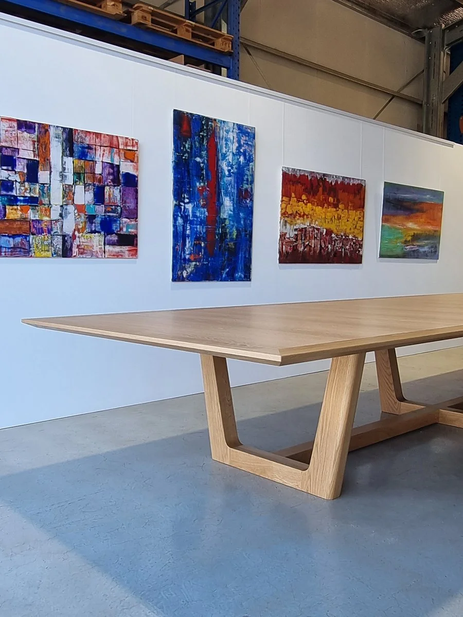 Rhodes House Boardroom Table in American Oak, trestle base design - Nathan Day Design, low angled end view of trestle leg