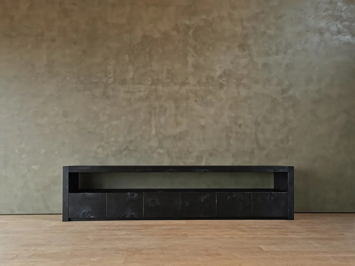 Scorched Buffet in scorched Norfolk Island Pine, full front view against textured wall - Nathan Day Design
