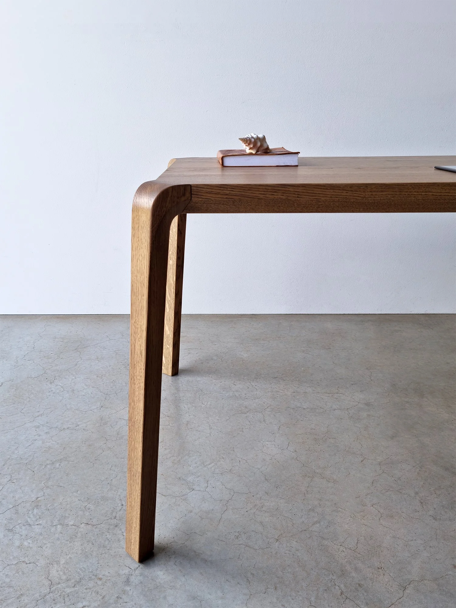 Araluen Desk in American and French Oak, full angled view in workshop setting - Nathan Day Design
