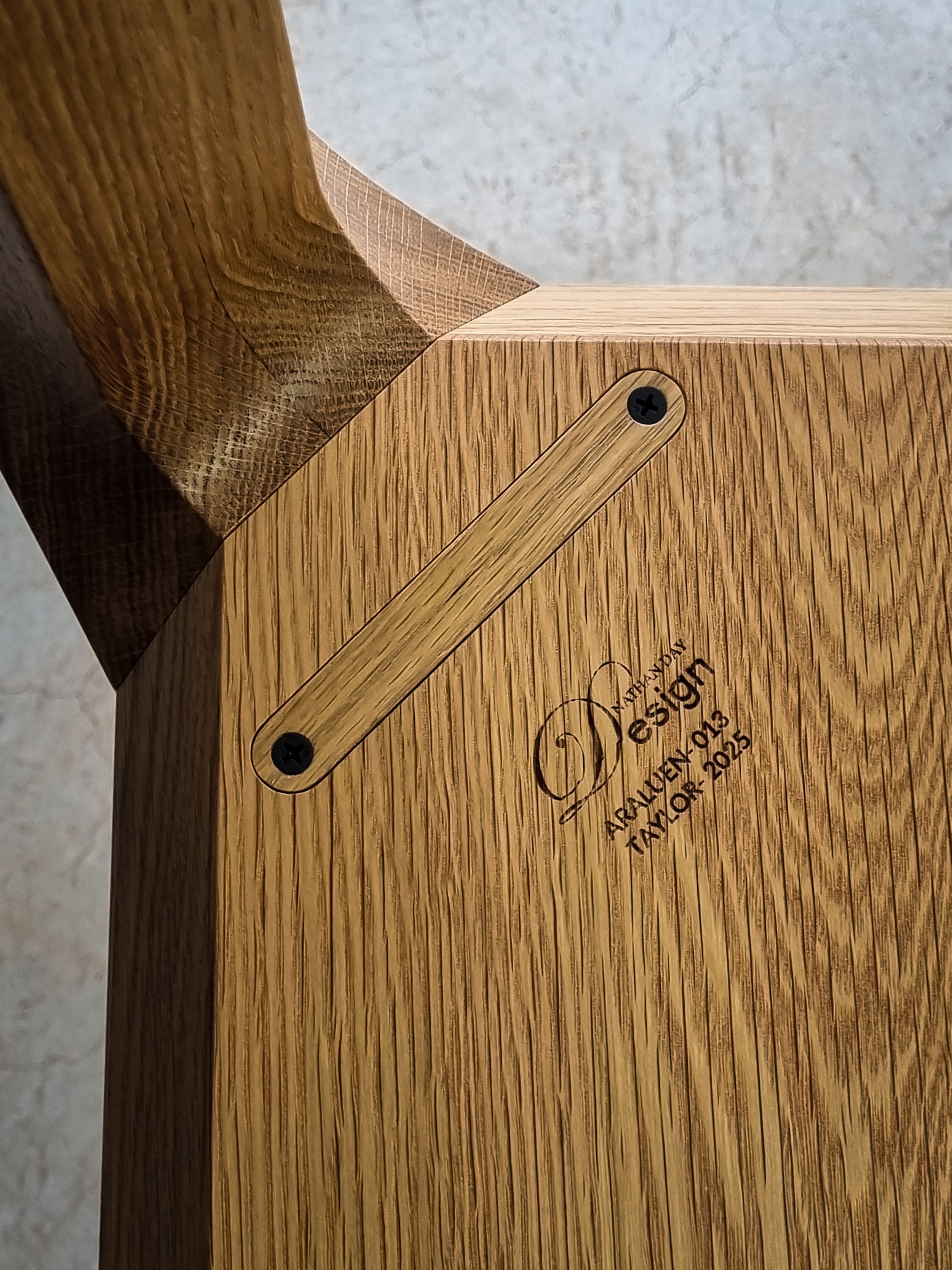 Araluen Desk in American and French Oak, close-up of maker's brand stamp and corner joinery - Nathan Day Design