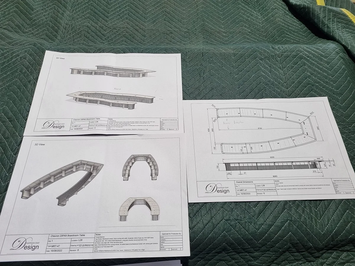 One - The Esplanade Boardroom Table in Australian Blackwood, fluted leg design - Nathan Day Design, design drawings and plans for elongated table shape