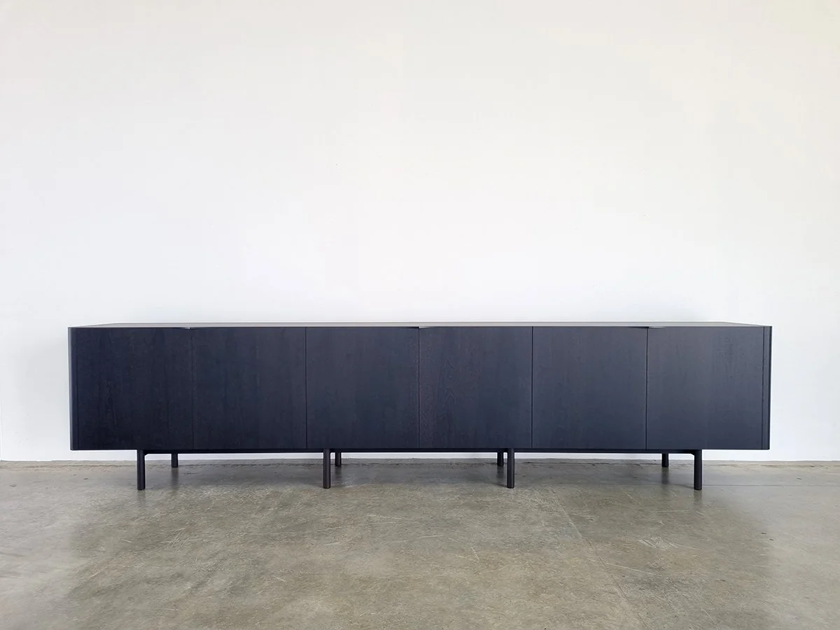 Honeycombs Cabinet in ebonised Walnut, full front view in plain studio setting - Nathan Day Design bespoke furniture